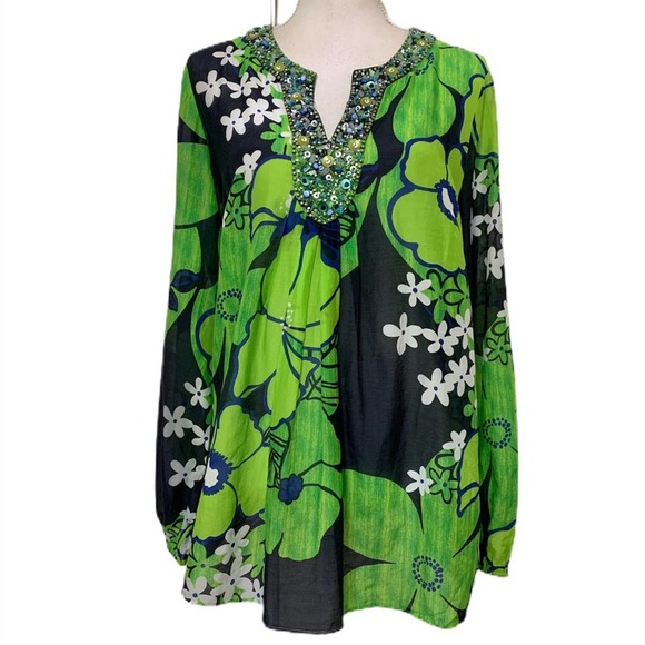 Lafayette 148 Green Mod Floral Print Beaded Tunic - Picture 7 of 15